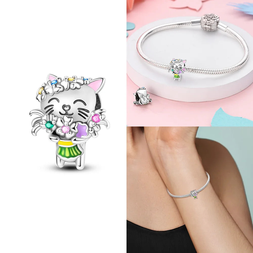 Original 925 Sterling Silver Pink Zircon Cat Dog Squirrel Red Heart Bead | Fit Bracelet Women DIY Jewelry Gift