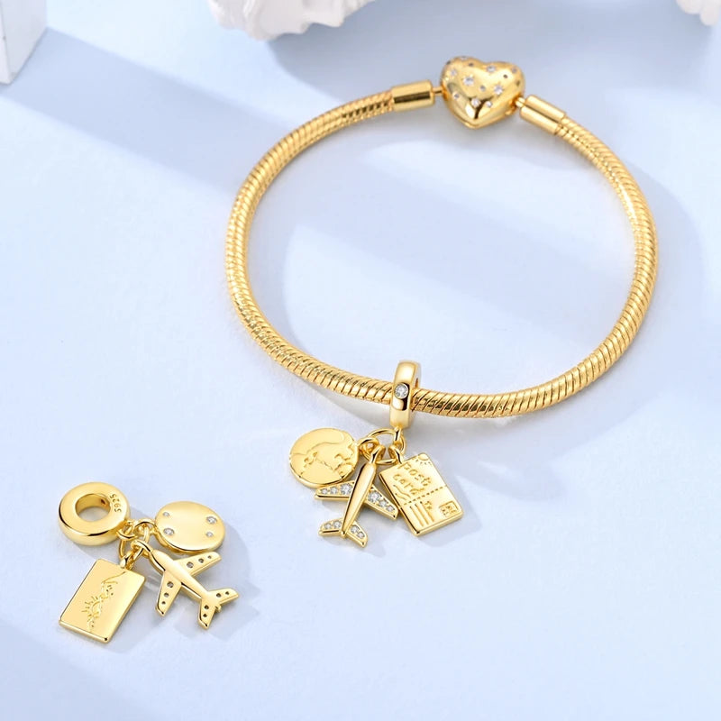 925 Sterling Silver Golden Charms Bow Cross Earth Passport Dangle | Fits Original Bracelet DIY Jewelry Gift for Women
