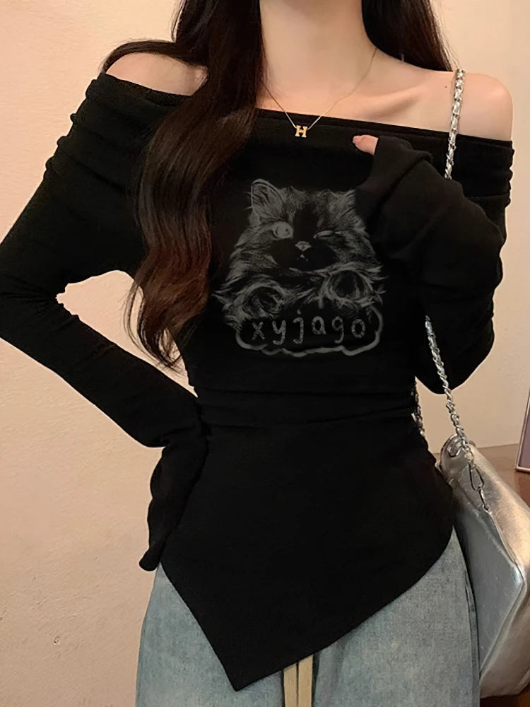 Y2K Cat Long Sleeve Women’s T-Shirt – Luxury Korean Off-Shoulder Slim Casual Top 🐱✨