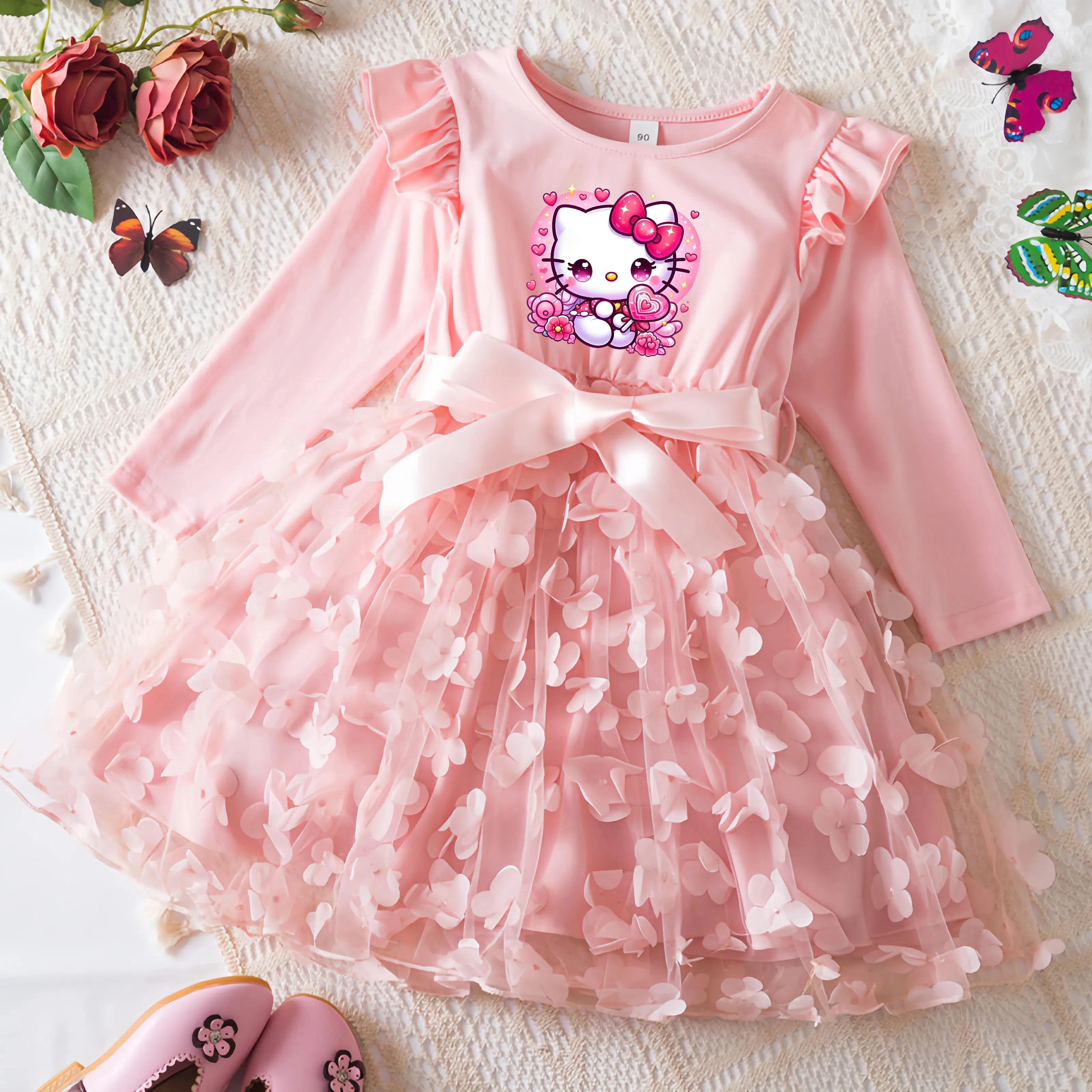 Hello Kitty Fall Girl Dress 3D Butterfly Casual Dresses Kids Birthday Princess Dress Long Sleeve Baby Girls Clothes 2-6Y