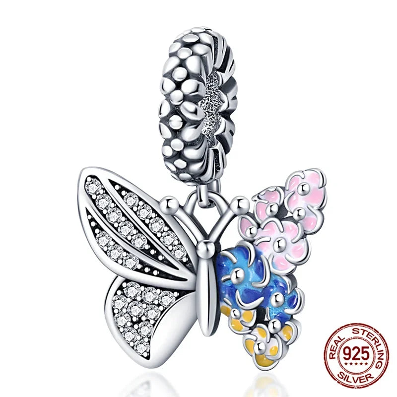 925 Sterling Silver Blue Series Charm | Dragonfly, Butterfly, Bird & Pansy Flower Pendant for 4MM Bracelet