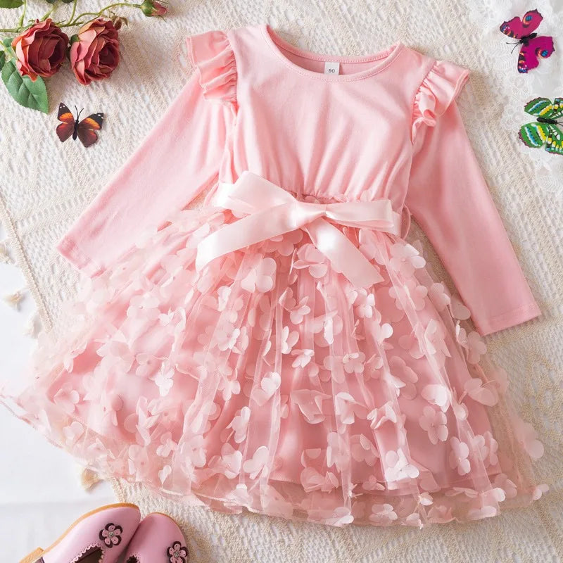 Hello Kitty Fall Girl Dress 3D Butterfly Casual Dresses Kids Birthday Princess Dress Long Sleeve Baby Girls Clothes 2-6Y