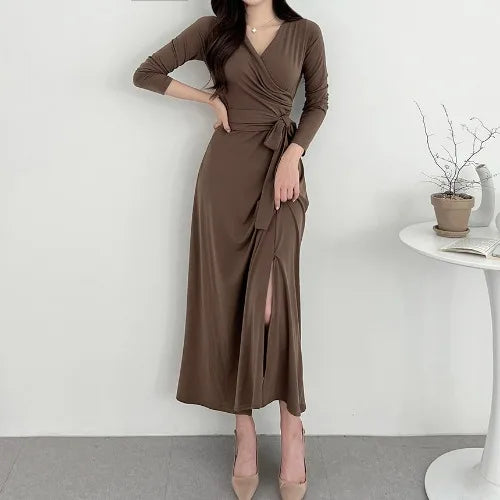 ✨ Slimming V-Neck Cross Wrap Long Dress 👗 Women's Base Layer Dress 🌸 Belted Waist Split Long Sleeve Colorful Commute Wear