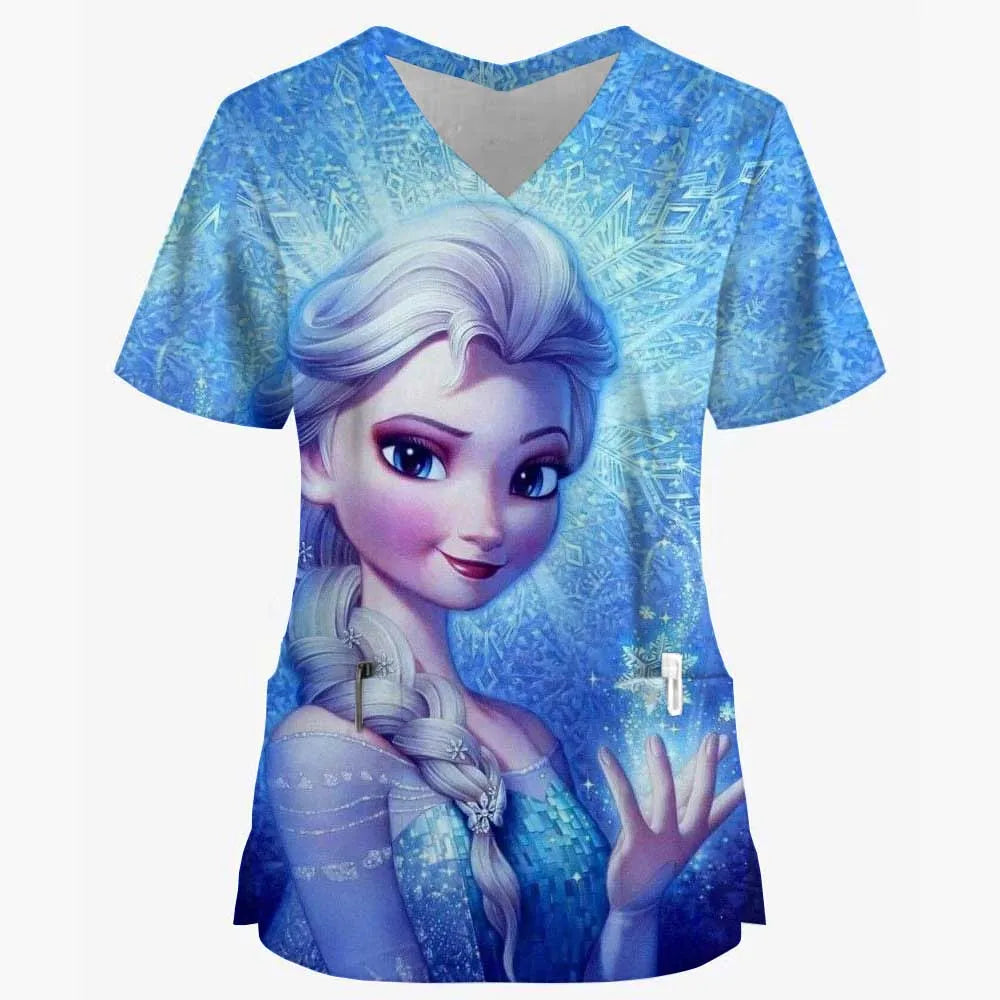 Disney Princess Ariel & Elsa Print Scrub Tops – Women’s Nurse & Dentist Work Uniform 👩‍⚕️✨