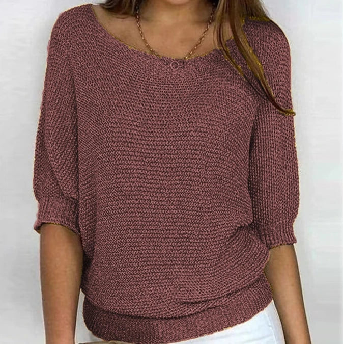 Women's Solid Color Knitted Sweater Pullover | Elegant Winter Round Neck 3/4 Sleeve Top