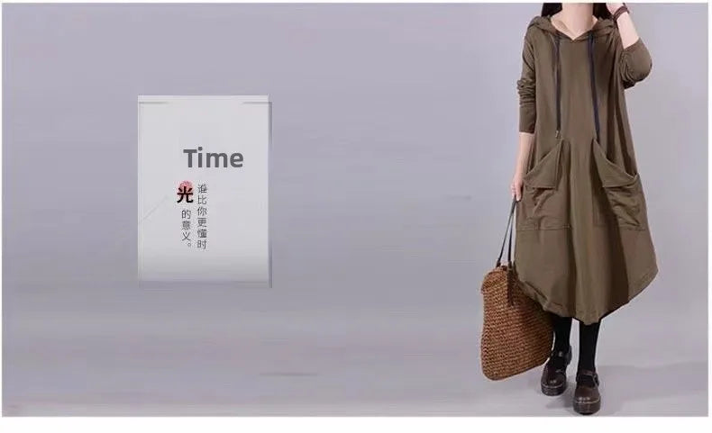 Artistic Loose Midi Dress for Plus Size Women | Autumn Hooded Long Sleeve Polyester Fiber Dress | Casual Commute Fashionable