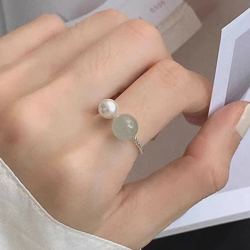 PANJBJ 925 Sterling Silver Hotan Jade Geometric Adjustable Ring | Retro Delicate Jewelry Gift for Women