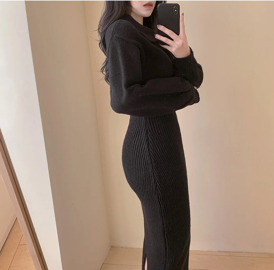 Elegant Neck Knitted Bodycon Dress for Women – Soft Autumn Winter Long Sleeve Casual Comfortable Fashion Dress