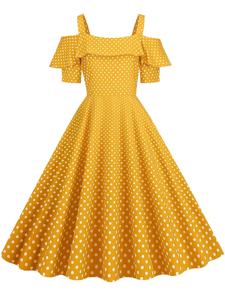 Off-Shoulder Elegant Vintage Party Dress – Women’s Summer Polka Dot Ruffles A-Line Midi Dress