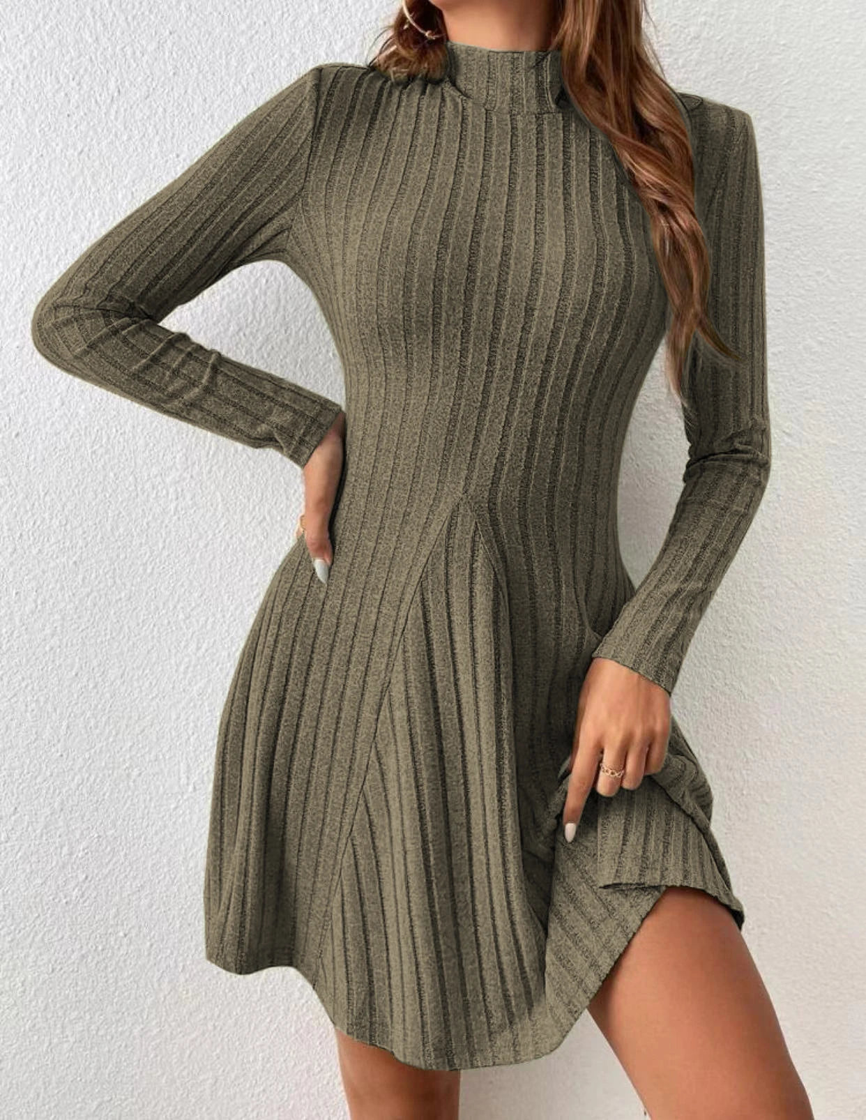 Women’s Slim Fit Half High Collar Dress – Waist Cinched A-Line Pit Stripe Long Sleeve Elegant Autumn Winter Dress
