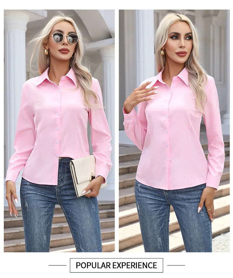 Women’s Solid Color Long Sleeve Shirt – Spring Autumn Casual Turn-Down Collar Loose Top