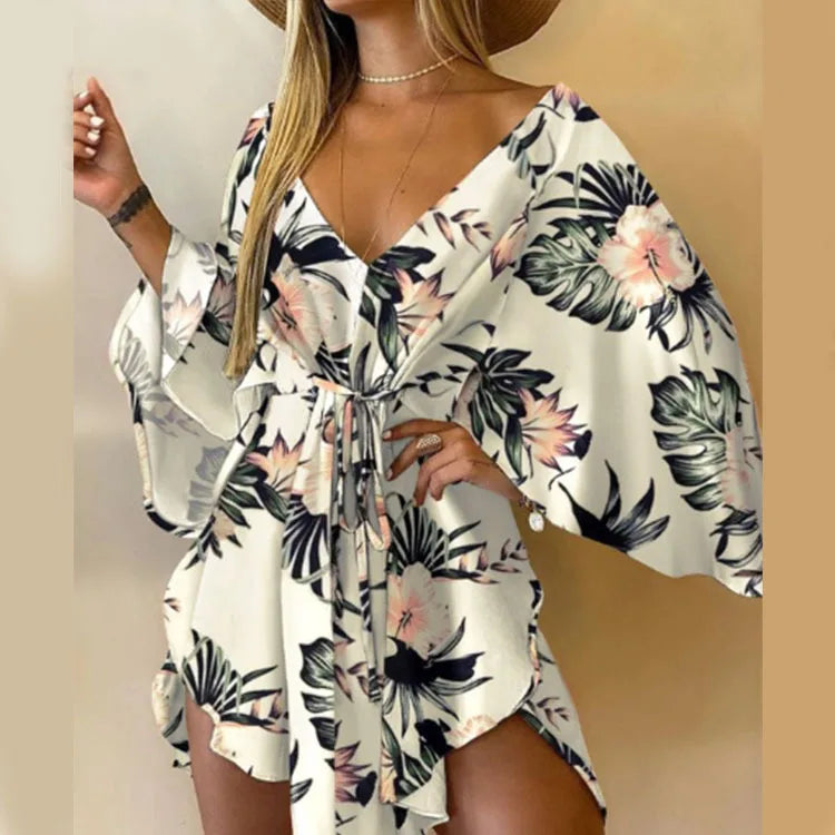 Women’s Floral Print V-Neck Bat Sleeve Dress – Sexy Bohemian Loose Mini Sundress