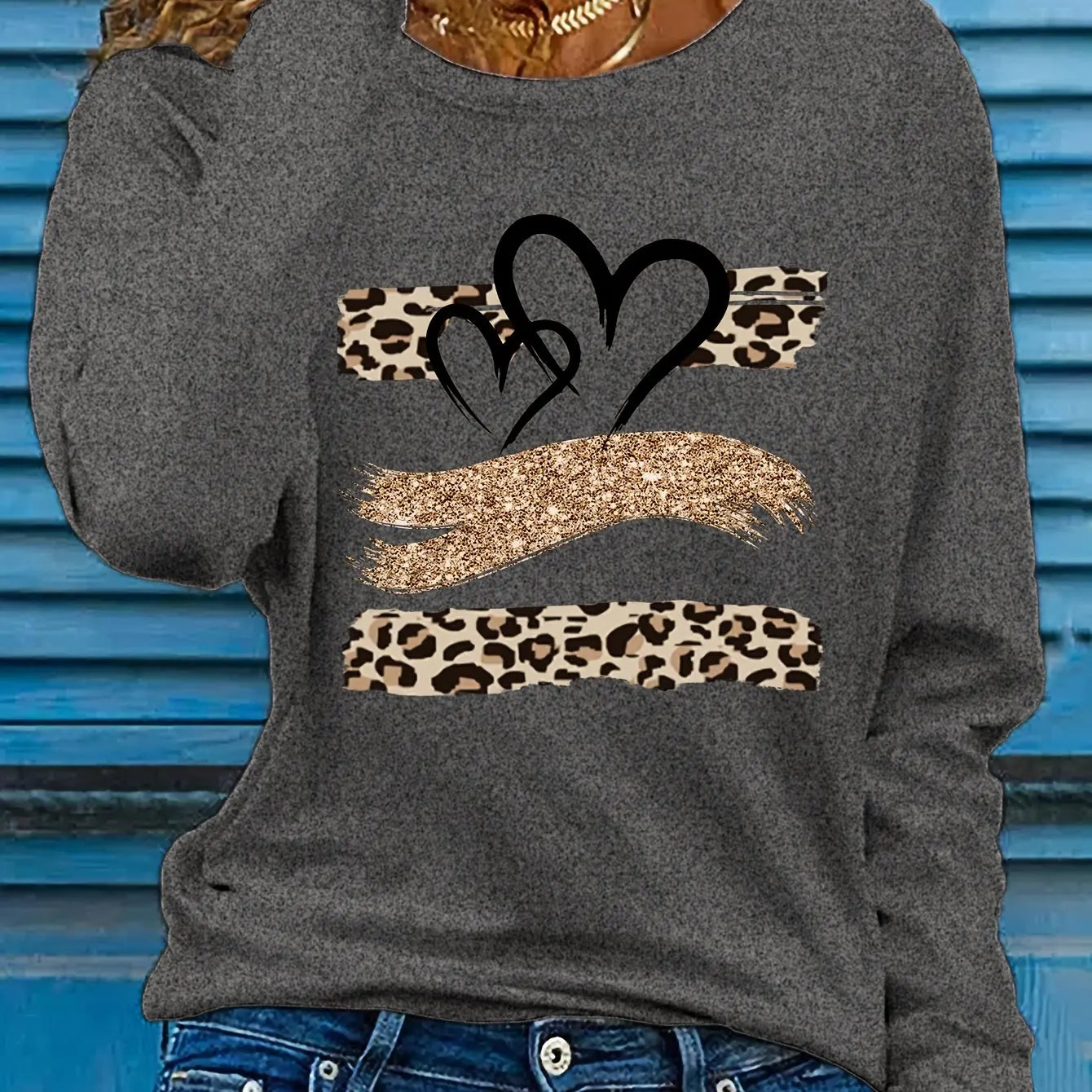Women’s Spring Autumn 100% Cotton Long Sleeve T-Shirt – Casual Loose Round Neck with Leopard & Heart Print