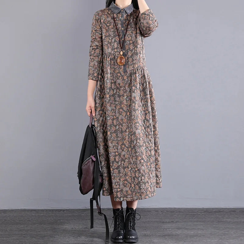 Thickened Floral Print Retro Women’s Dress – Cotton-Lined Warm A-Line Skirt with Long Sleeves & Collar | Winter Casual Dress