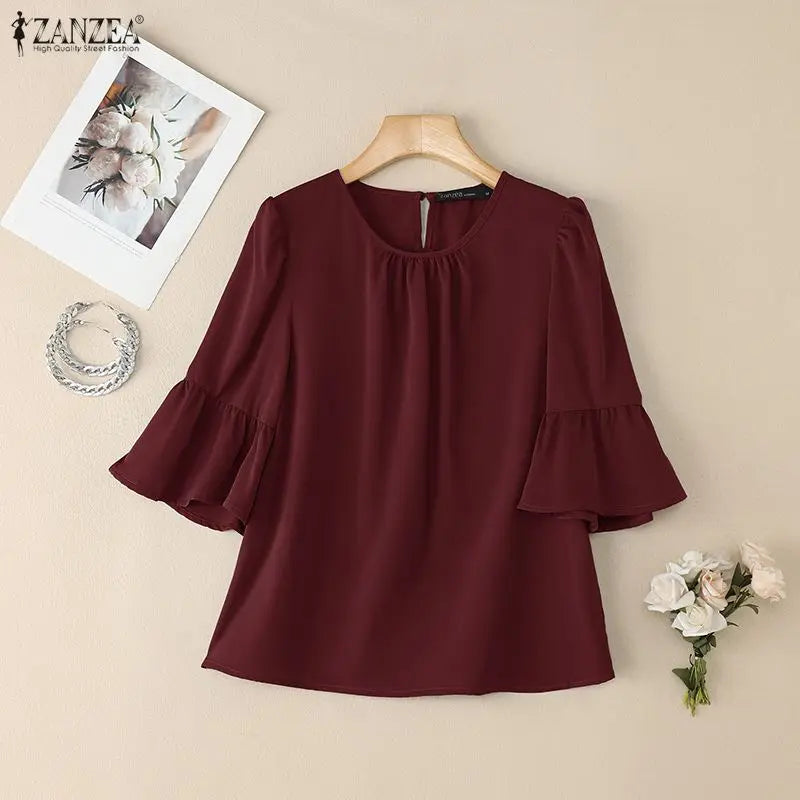 2025 ZANZEA Office Women Blouse – Elegant Solid O-Neck 3/4 Sleeve Summer Work Top 👚✨