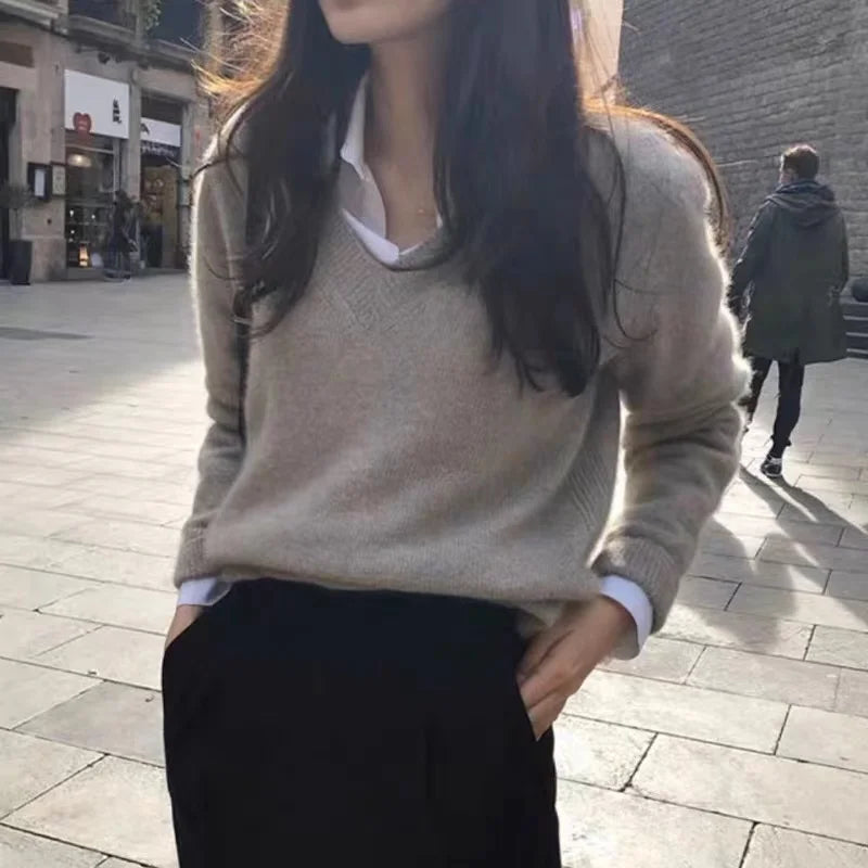 Women’s V-Neck Knitwear – Retro Japanese Style Loose Fit Long Sleeve Crew Neck Top | Spring & Autumn 2025