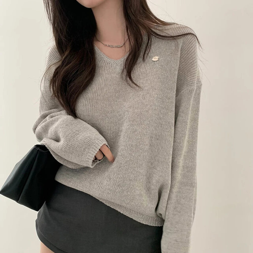 Loose Women’s Knitwear V-Neck Long Sleeve T-Shirt – Casual Comfortable Fashionable Autumn Top New Arrival