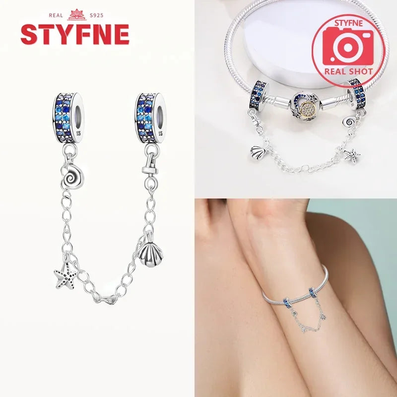 S925 Silver Cute Cat Heart Bead Safety Chain Fit Original Bracelet
