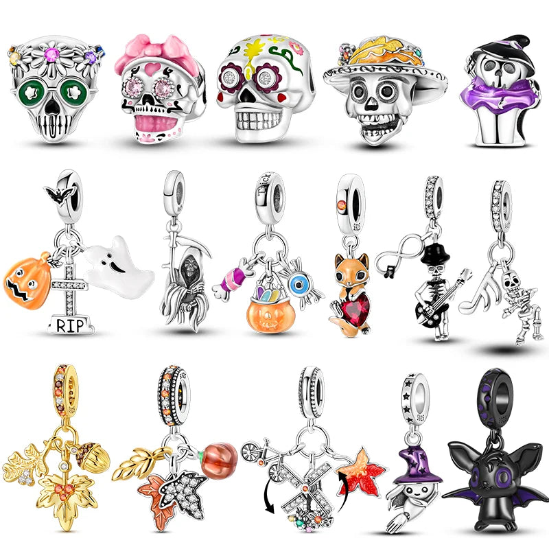 Halloween 925 Sterling Silver Charms | Pumpkin Skeleton Witch Bat Beads for Bracelet DIY Jewelry