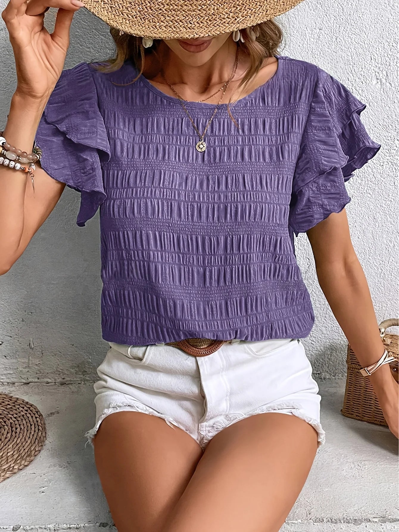 Summer Elegant Solid Shirt for Women – Casual Office Blouse with Vintage Butterfly Sleeve & O-Neck Top