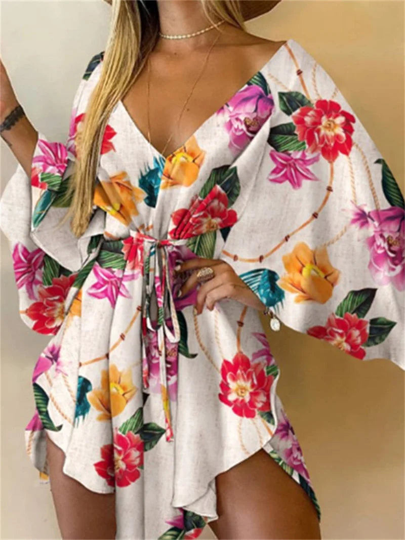 Women’s Floral Print V-Neck Bat Sleeve Dress – Sexy Bohemian Loose Mini Sundress