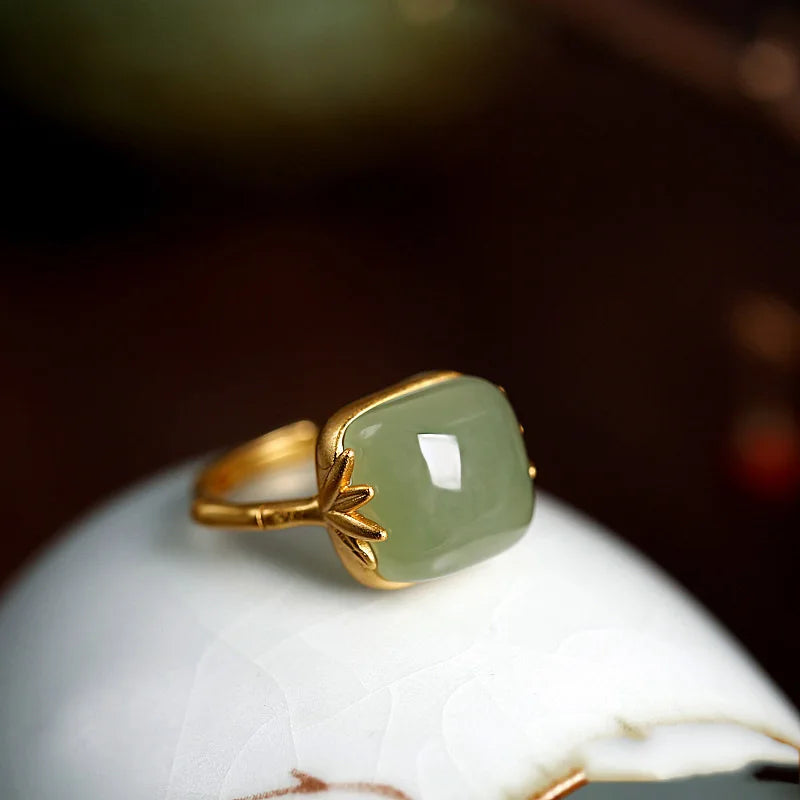 PANJBJ 925 Sterling Silver Hotan Jade Geometric Adjustable Ring | Retro Delicate Jewelry Gift for Women