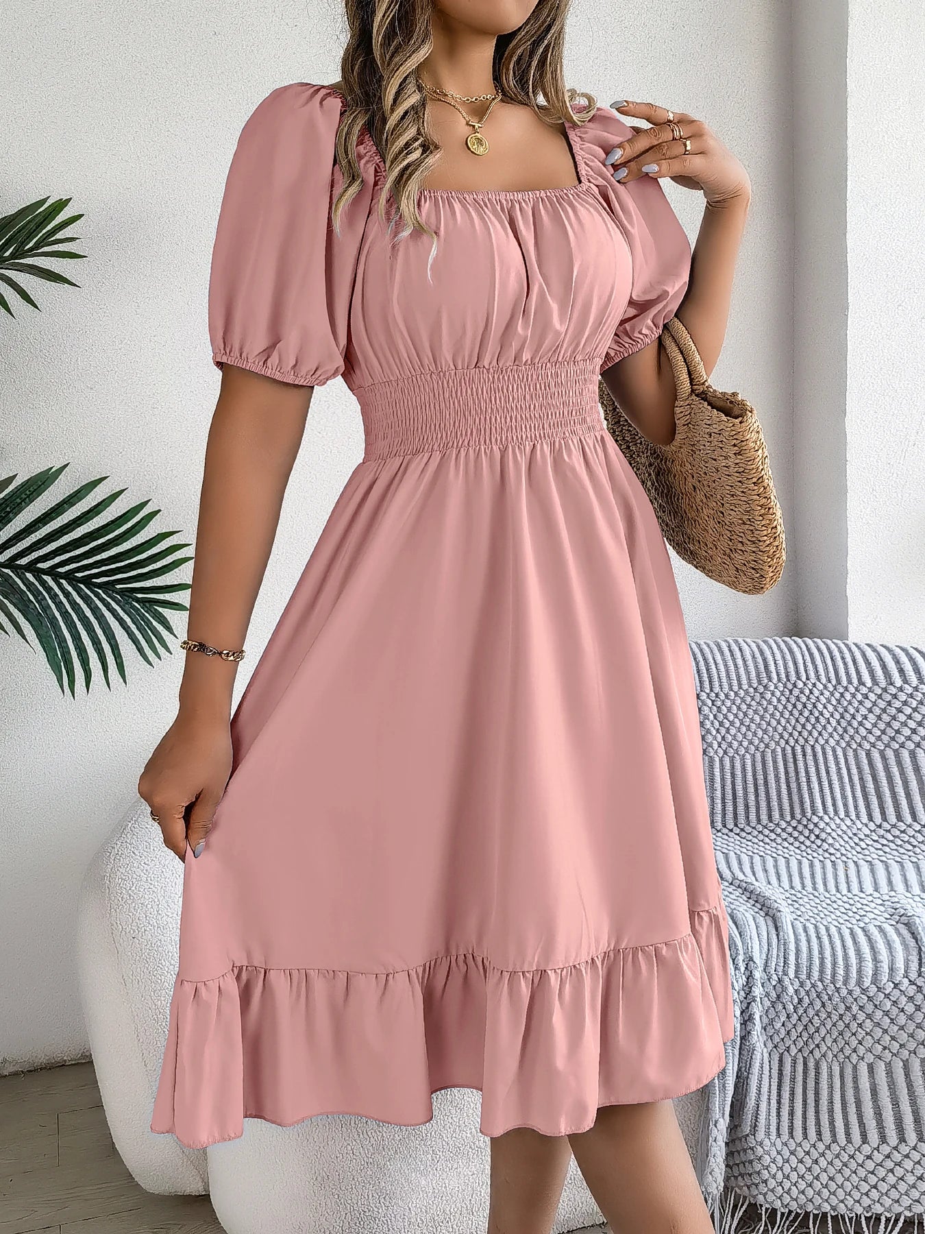 2026 Women’s Elegant High-Waisted Dress – Square Neck, Short Sleeve, Ruffled Edge Long Dress | Spring Summer Valentine’s Day