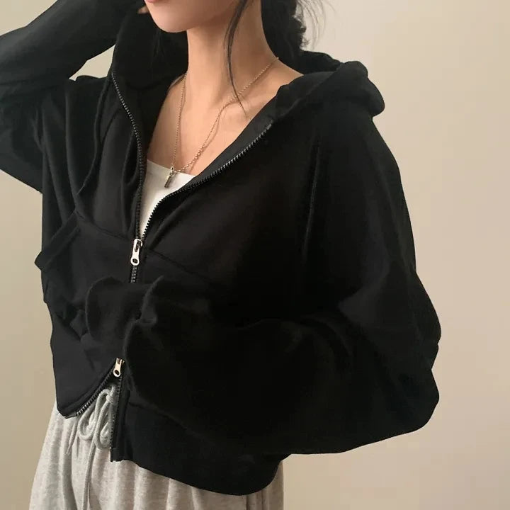 Chic Early Autumn Casual Long Sleeve Hoodie – Double Zipper Loose Versatile Cotton Pullover | Pure Color Commute Wear