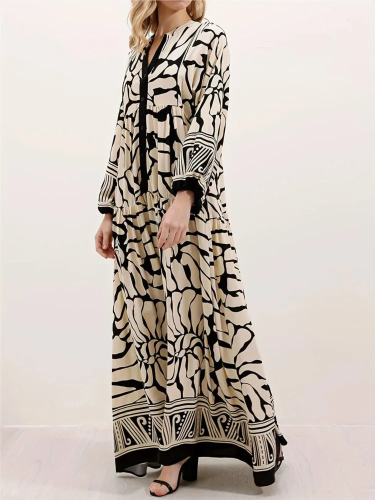Elegant Long Sleeve V-Neck Loose Maxi Dress for Women | 2025 Autumn Middle East Fashion Casual Long Dress
