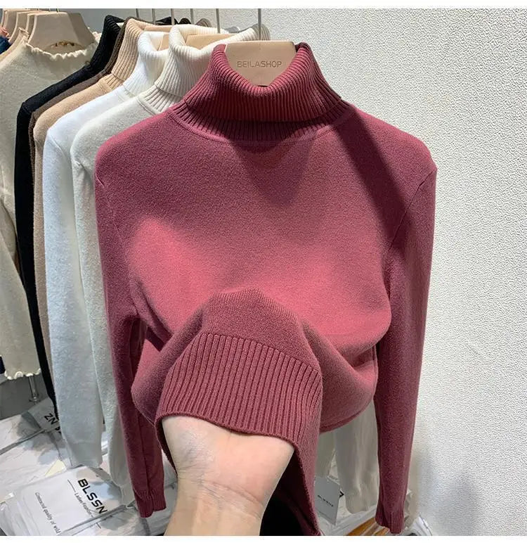 2025 Women’s High Collar Pullover Sweater – Thick Warm Soft Winter Top | Solid Color Bottoming Shirt