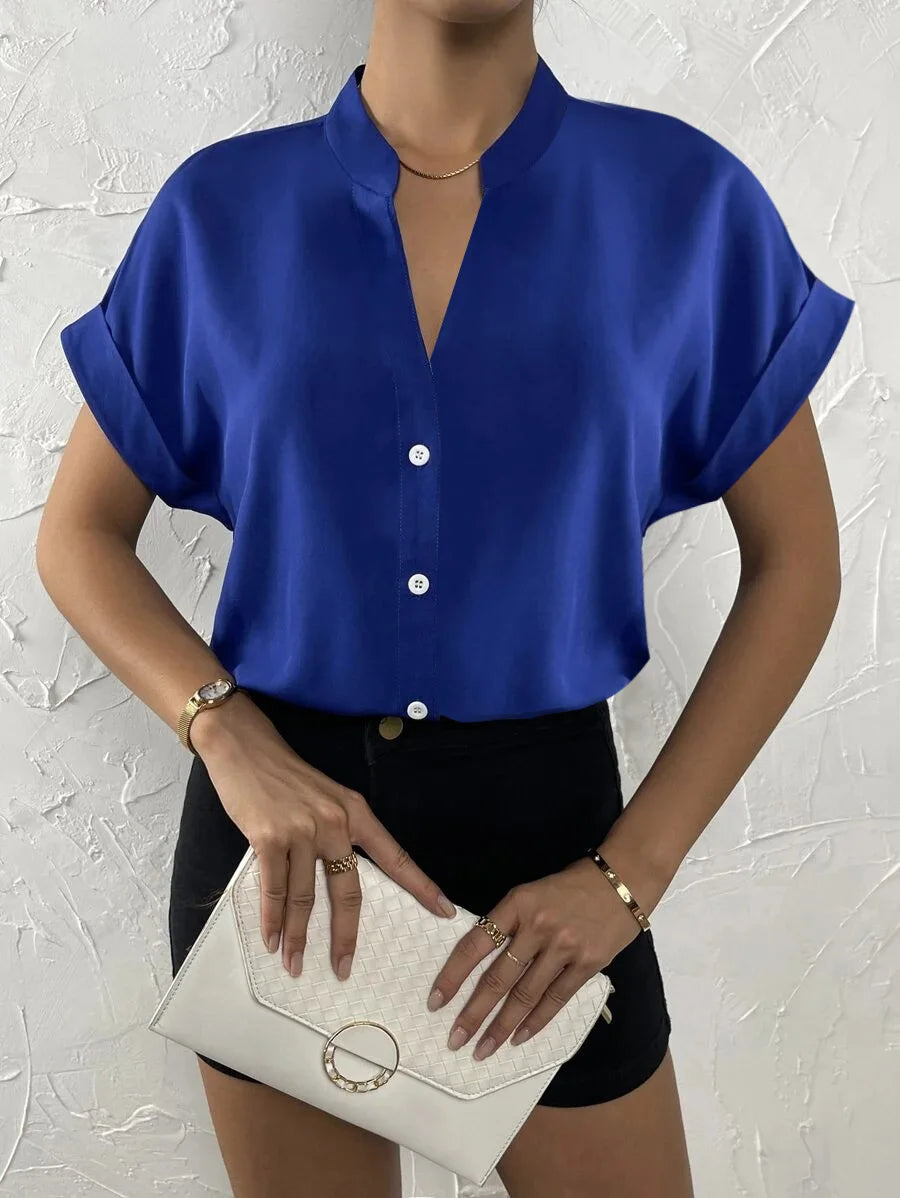 Women’s Summer V-Neck Blouse 2024 – Solid Color Short Sleeve Button Office Top 👚☀️