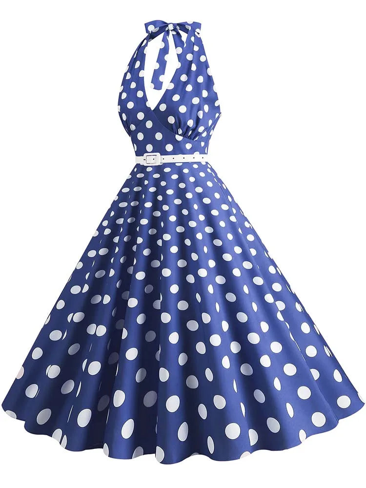 Women’s Vintage Halter Party Dress – Summer Polka Dot Midi Cocktail Prom Elegant Dress
