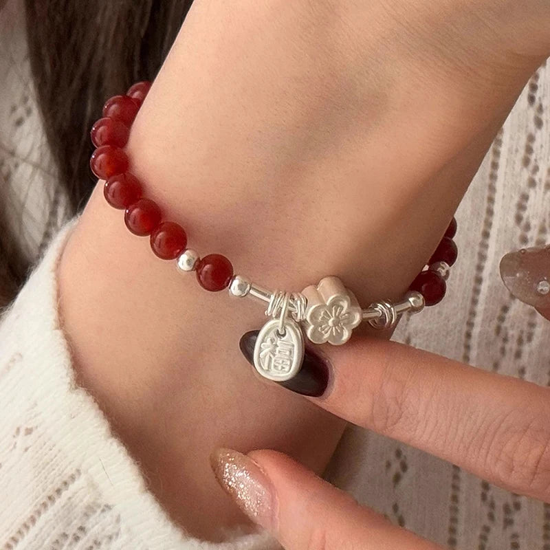 VENTFILLE 925 Sterling Silver Red Agate Bracelet | Flower Pendant Lucky Bead | Original Jewelry Gift for Women