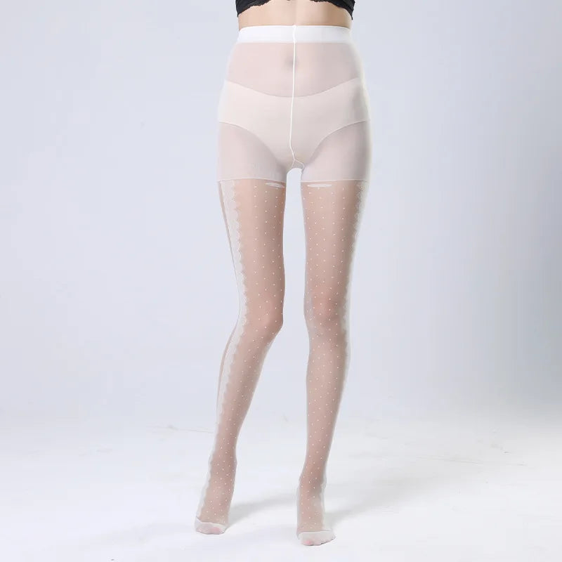 Women's Striped Lace Tights – Sheer Jacquard Dot Pantyhose with Side Seam Detail, 20 Denier for Transitional Seasons