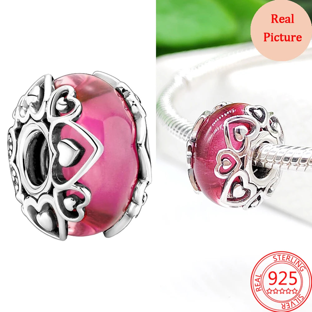 925 Sterling Silver Murano Glass Galaxy & Clover Heart Beads | Fit Pandora Bracelet DIY Jewelry Gift for Mum