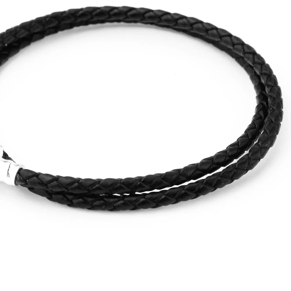 925 Sterling Silver Double Black Leather Bracelet | Classic Fashion Jewelry Gift for Women