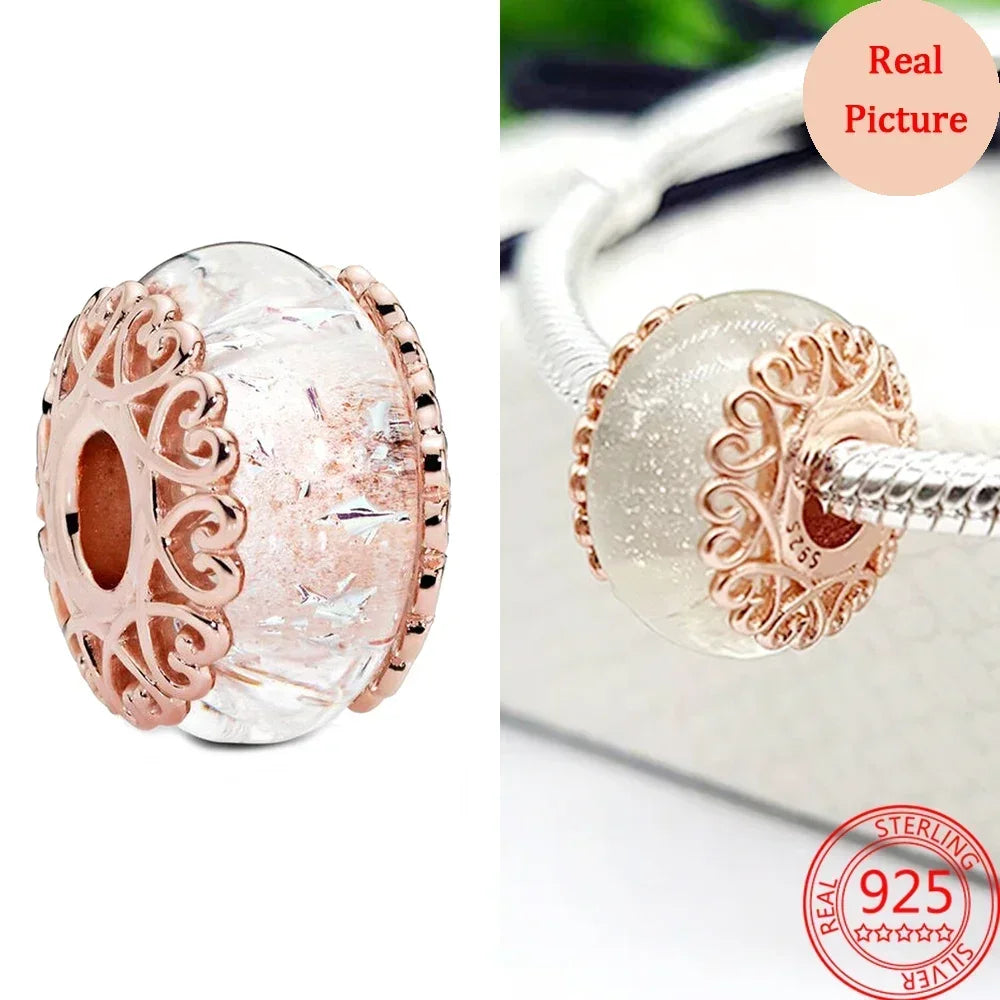925 Sterling Silver Murano Glass Galaxy & Clover Heart Beads | Fit Pandora Bracelet DIY Jewelry Gift for Mum