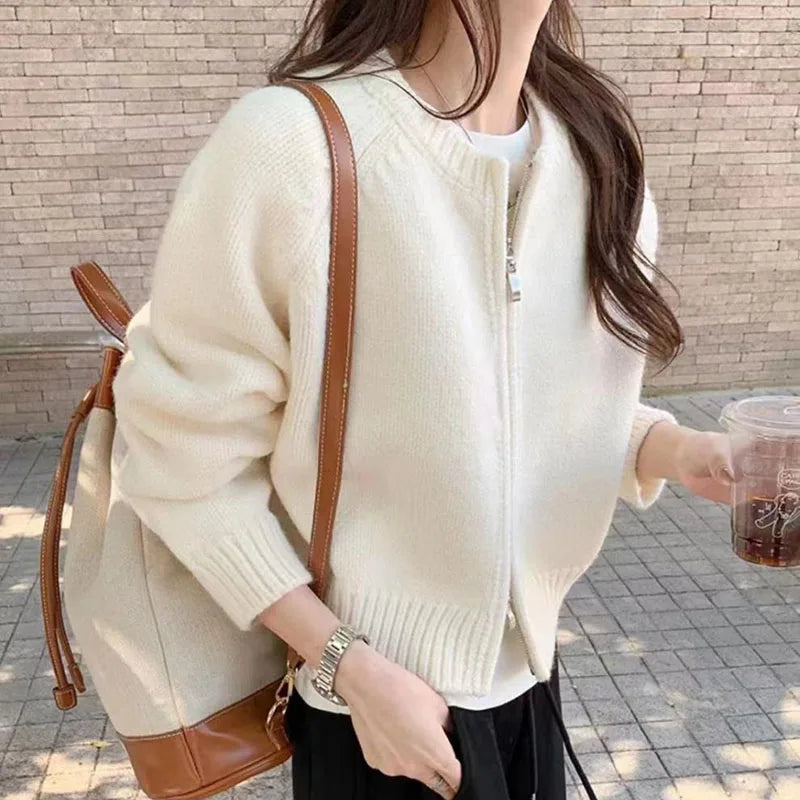 Women's Short Knitted Cardigan 2025 | Autumn Winter Solid Color Zipper Sweater Jacket