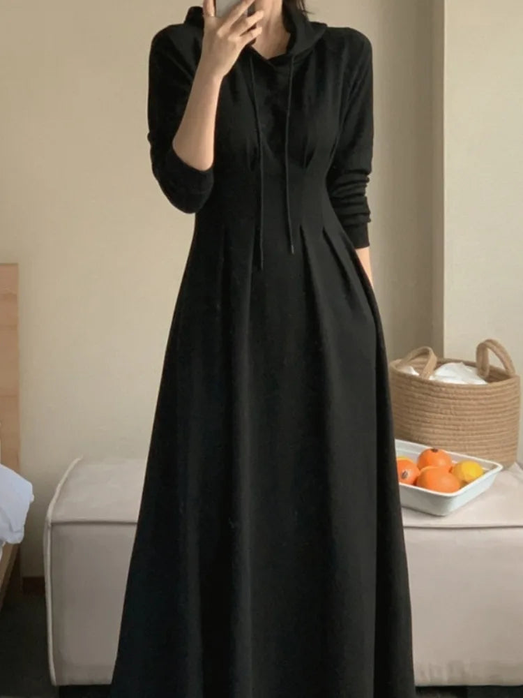 🍂 Chic Autumn Pleated Waist Slimming Long Sleeve Hooded Dress 👗 Women’s Long Dress Lazy Style Comfy Commute Wear