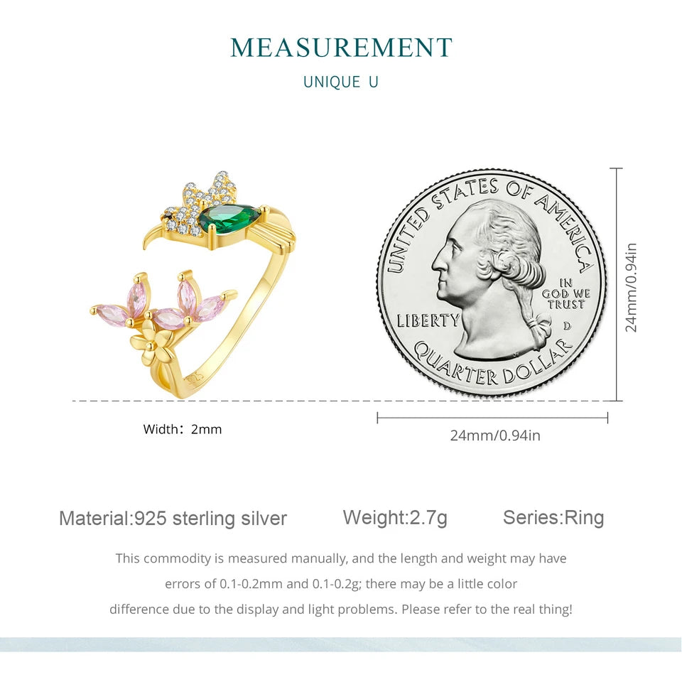 BISAER 925 Sterling Silver Floral Bird Open Ring | Adjustable White Gold Plated Flower Band for Women – Fine Party Jewelry