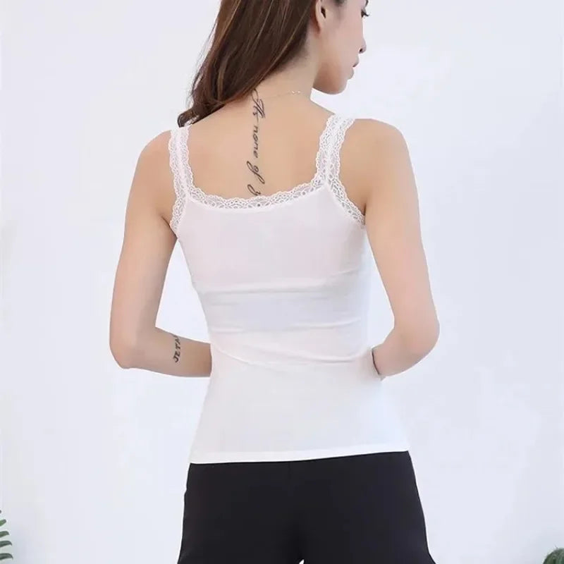 White & Black Lace Trim V-Neck Camisole | Plus Size Slim Crop Tank Top Sleep Vest