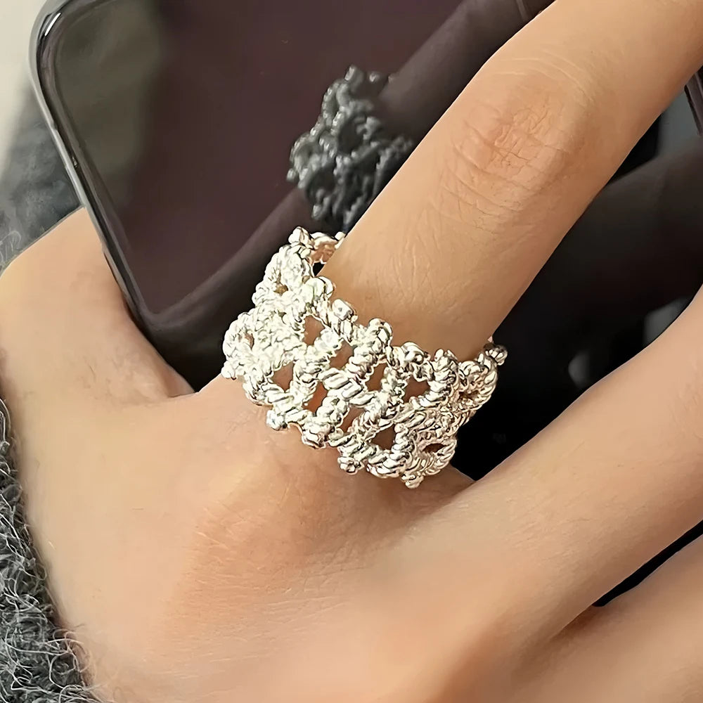VENTFILLE 925 Sterling Silver Flower Lace Ring – Adjustable CZ Korean Fashion Jewelry