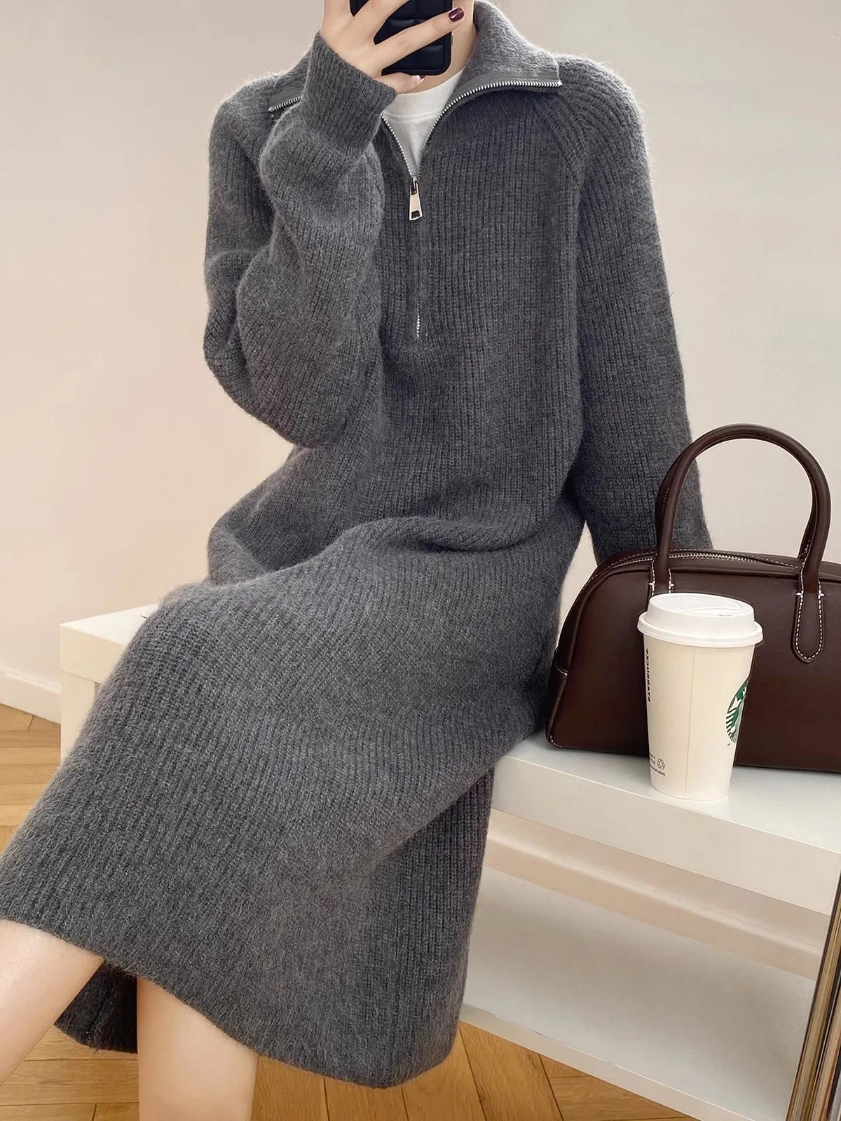 Thickened Long Sleeve Knitted Dress with Zipper Collar – Straight Tube Korean Style Winter Women’s Commute Warm Dress