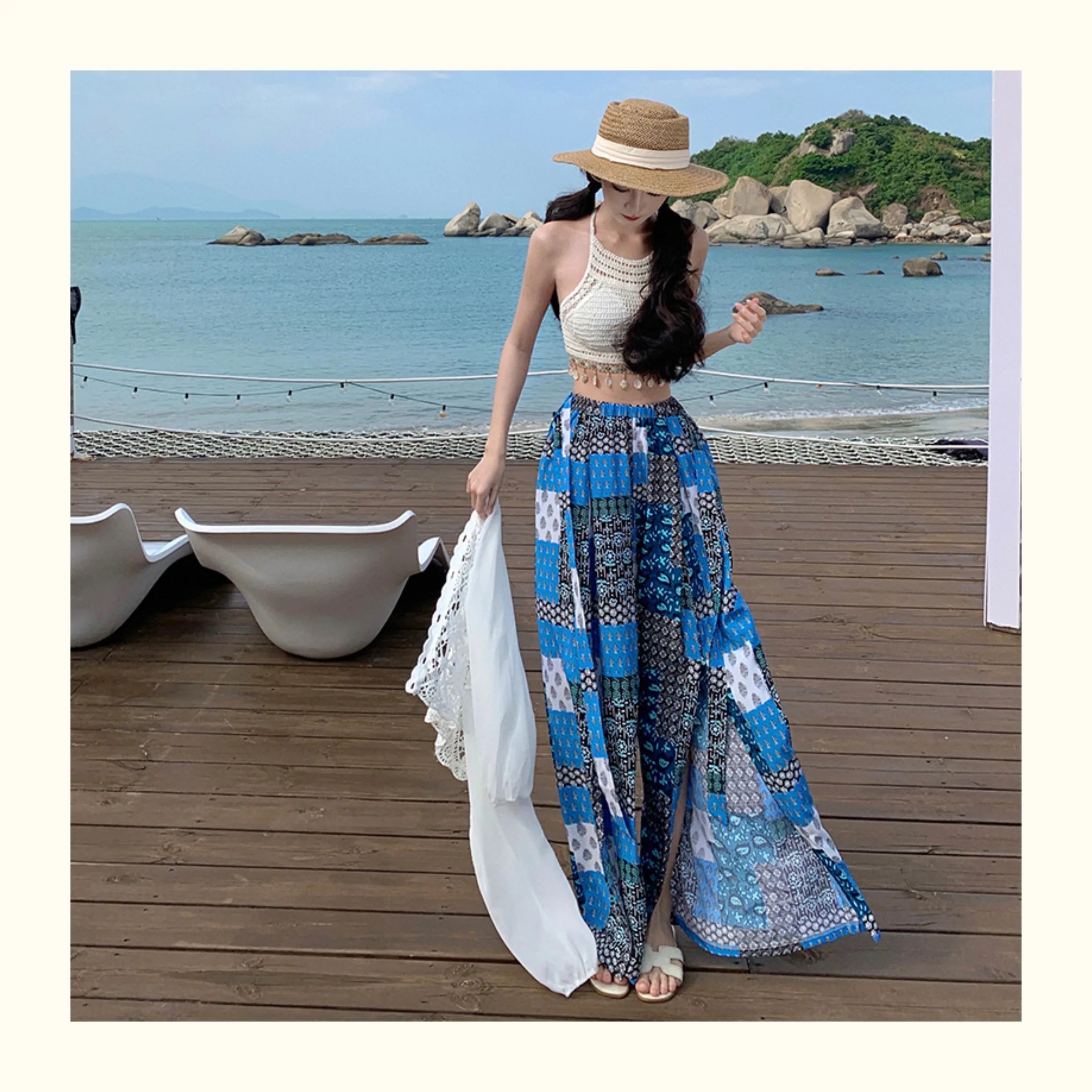 Vacation Style High Waist Wide Leg Pants – Thin Long Ethnic Print Pants for Beach & Holiday Wear