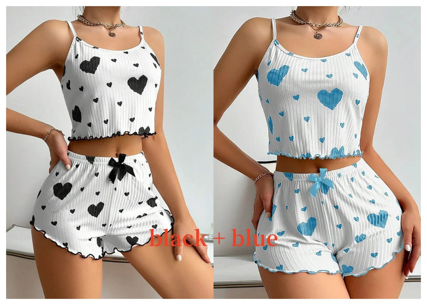 Women’s 2-Piece Pajamas Set – Short Tank Top & Shorts Sleepwear, Soft Casual Ventilated Loungewear with Love Print