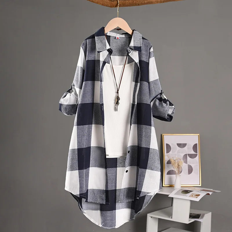 Women’s Plaid Shirt – Casual Long Sleeve Blouse Check Linen Cotton Tops for Women 🌿✨