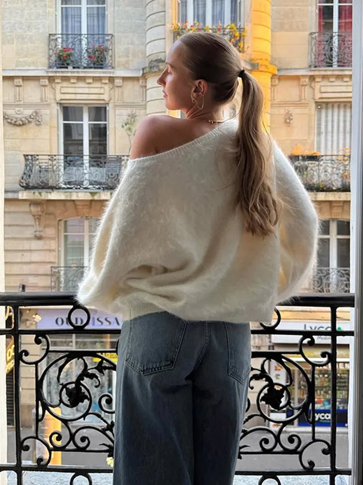 Women’s Off-Shoulder Mohair Sweater | Elegant Loose Knit Pullover for Autumn Fashion 2025