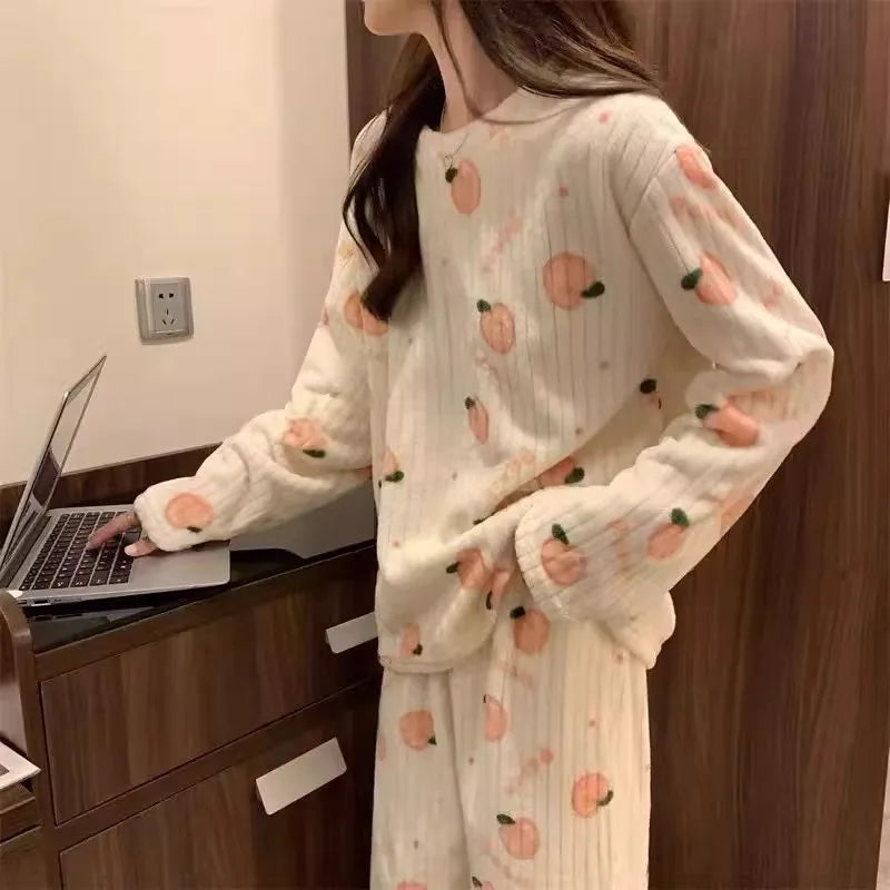 Adorable Sweet Coral Fleece Thiened Autumn Winter Loungewear Set – Women’s Casual Home Clothes | Long Pants Comfortable Leisurewear