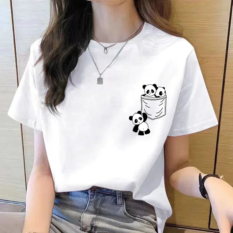 Women’s Summer Cartoon Panda Pocket T-Shirt – Loose Round Neck Short Sleeve Korean Fashion Top