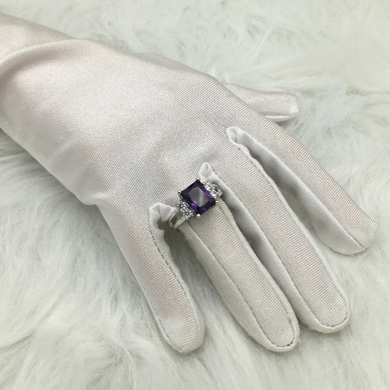 Fashion 925 Sterling Silver Rectangle Amethyst Zircon Gemstone Ring for Women – Wedding Engagement Party Jewelry